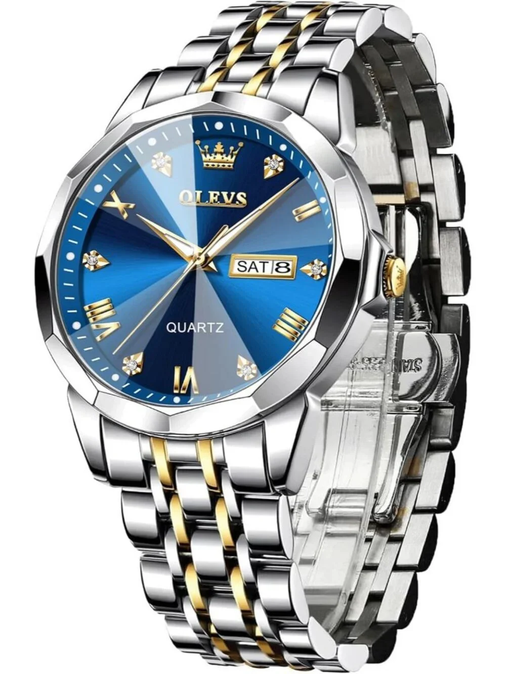 Men's Silver And Blue Diamond Stainless Steel Analog Quartz Waterproof Watch
